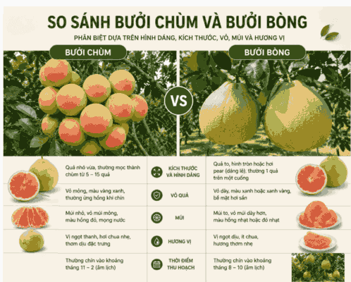 phân biệt bưởi chùm và bưởi bòng